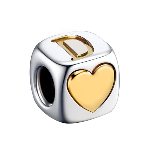KunBead Initial A-Z Letter Gold Heart Alphabet Love Bead Birthday Charms Compatible with Pandora Charm Bracelet for Women - style: Letter D