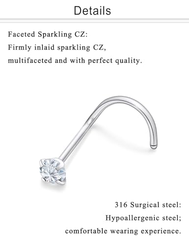 Nose Studs Surgical Steel Nose Rings Studs with Cubic Zirconia 10Pcs Tiny Nostril Rings for Women Screw Bone and L-Shaped Nostril Piercing Jewelry 24G 22G 20G 18G - color: silvertone,screw nose studs, size: 22g,2.0mm Clear CZ
