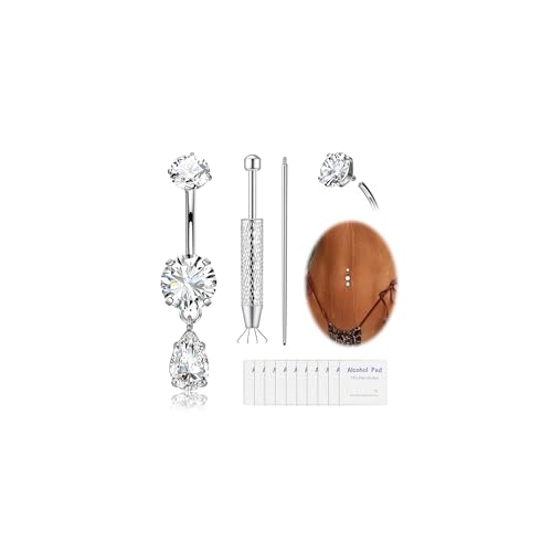 G23 Titanium Dangle 14G Belly Button Rings Sparkling CZ Navel Rings Belly Piercing Jewelry Teardrop Dangling Belly Rings Gold/Silver - color: Silver, size: 16MM
