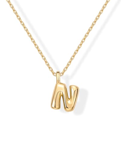 PAVOI 14K Gold Plated Dainty Chunky Bubble Initial Letter Pendant Necklace for Women | Alphabet Letter Necklace - style: - N