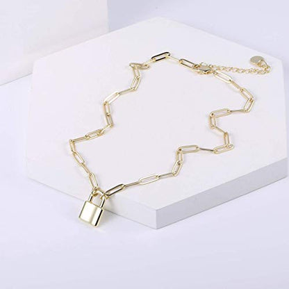 Lock Necklace for Women Paperclip Link Chain Padlock Necklace Non-Tarnish - color: Gold - 1 PC Paperclip Chain Lock Necklace