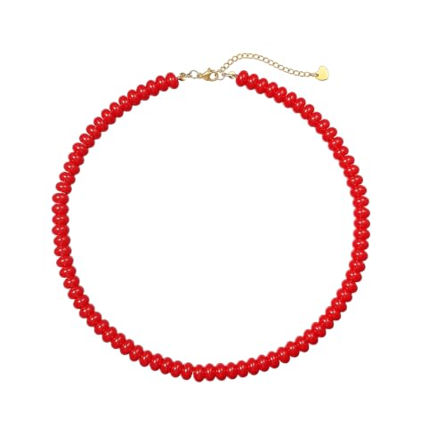 Red Beaded Necklace for Women, 5x8mm Stone Choker with Gold Clasp | Bold Boho Statement Jewelry for Colorful Everyday Outfits