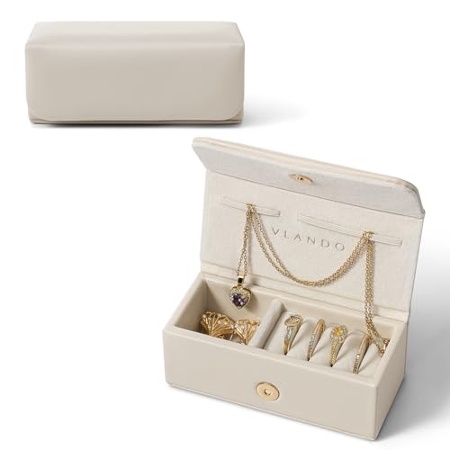 VLANDO Small Travel Jewelry Case, Gifts for Women Bridesmaid,Tangle-Free Jewelry Organizer for Rings Earrings Necklaces, Vegan Leather, Magnetic Closure-Cream White - color: Cream White