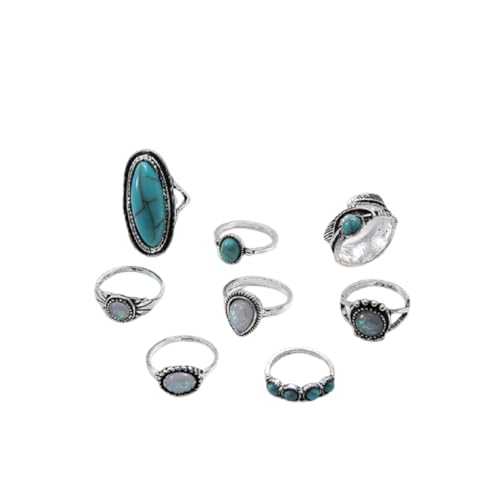 4 Pcs Bohemian Vintage Turquoise Oval Flower Rings for Women Geometric Ethnic Natural Stone Adjustable Silver Joint Knuckle Rings Western Cowgirl Statement Jewelry - color: 8 pcs silver