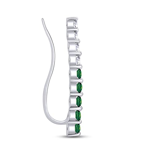 One Piece Right Ear Climber Earring for Women With Birthstone And White CZ | Floating Curved Bar Ear Crawler In 14K Gold Over Sterling Silver Jewelry for Her - color: Simulated Emerald