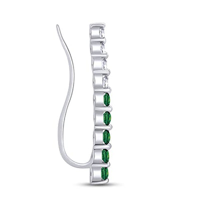 One Piece Right Ear Climber Earring for Women With Birthstone And White CZ | Floating Curved Bar Ear Crawler In 14K Gold Over Sterling Silver Jewelry for Her - color: Simulated Emerald