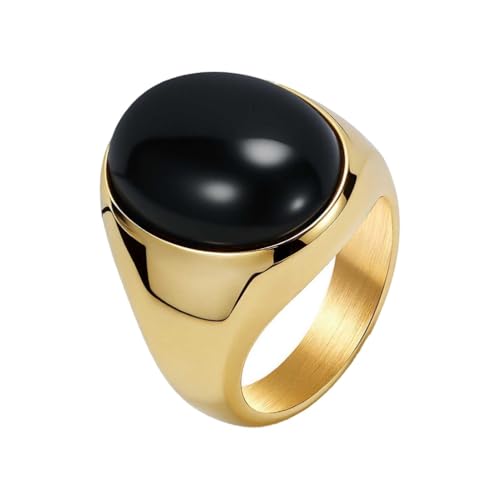 PAURO Men's Stainless Steel Oval Gemstone Signet Rings Minimalist Polish Plain Wedding Band - color: Gold Plated Black