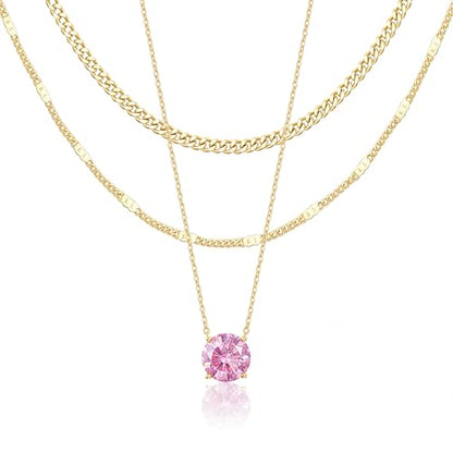 WomenGifts Layered Gold Necklaces for Women, 14K Gold Sterling Silver Plated Dainty Pendant Necklace Set Non Tarnish, Chunky Stackable Cuban Chain Choker, Trendy Birthstone Vacation Jewelry Gift - color: Gold, style: Cubic Zirconia-Created Pink Tourmaline