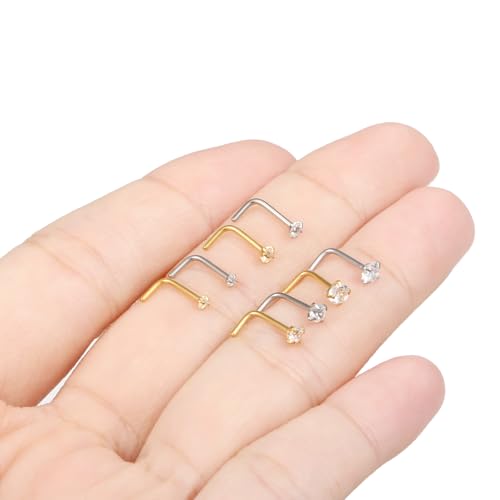 8Pcs Nose Rings Studs 14K Gold Filled Surgical Steel L-Shape Nose Rings for Women 1.5/2mm/2.5mm/3mm Cubic Zirconia Nostril Screw Studs Hypoallergenic Nostril Piercings 20g 18g - color: 8pcs,20g,mix color,L-shpaped