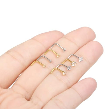 8Pcs Nose Rings Studs 14K Gold Filled Surgical Steel L-Shape Nose Rings for Women 1.5/2mm/2.5mm/3mm Cubic Zirconia Nostril Screw Studs Hypoallergenic Nostril Piercings 20g 18g - color: 8pcs,20g,mix color,L-shpaped