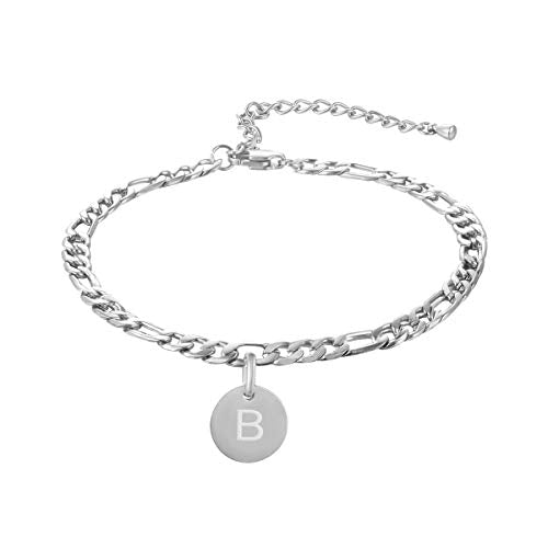 FOSIR 18k Gold Plated/Silver Tone Initial Anklets for Women, Surgical Stainless Steel Ankle Bracelets for Women Figaro Chain Anklet Beach Jewelry, Waterproof - style: B-silver