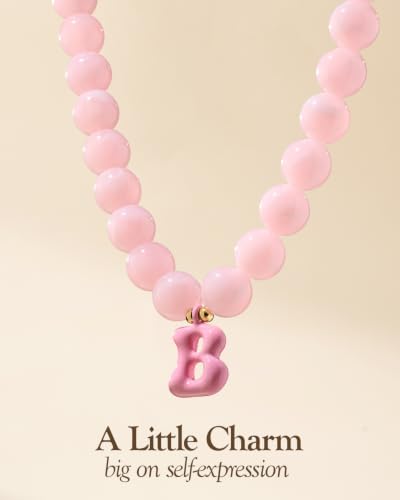 DoDoBeads Chunky Colorful Beaded Initial Necklace, Bubble Letter Choker | Gift box and dust pouch included; waterproof and sweat-resistant with real gold plated stainless steel hardware - color: Pink-B