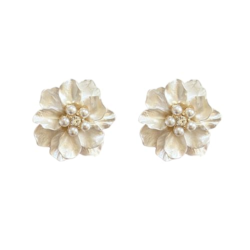 Clip-On Earrings for Womem Flower Faux Pearl Non Piercing Earrings Jewelry - color: Camellia B