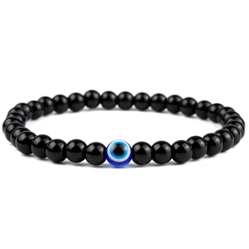 Evil Eye Bracelet 6mm Boho Beaded Bracelets for Men Gift for Birthday/Anniversary/Christmas - color: A03 black agate, size: Small