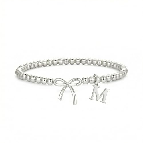 Letter A-Z Bracelets for Women Teen - Inital Beaded Bracelet with Bowknot Charm, Dainty Stretch Stackable Bracelet, Trendy Jewelry Gifts for Birthday Easter Basket Stuffers - style: Silver: M