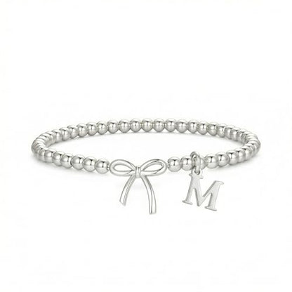 Letter A-Z Bracelets for Women Teen - Inital Beaded Bracelet with Bowknot Charm, Dainty Stretch Stackable Bracelet, Trendy Jewelry Gifts for Birthday Easter Basket Stuffers - style: Silver: M
