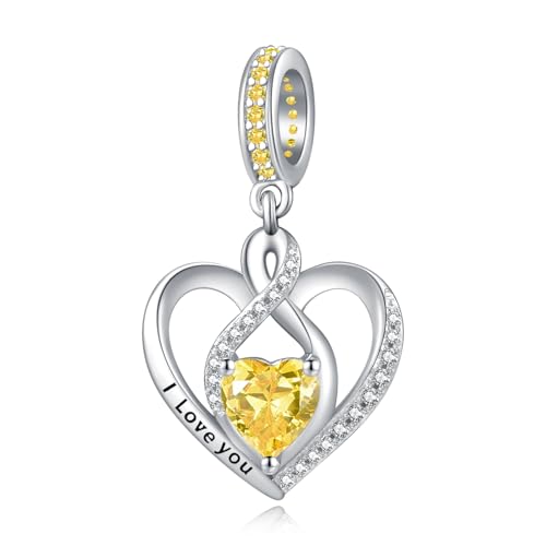 Heart Birthstone Charms for Bracelets, 925 Sterling Silver Women Bead Charms for Charm Bracelets Necklace, Mother's Day Birthday Anniversary Jewelry Gifts for Wife Mom Grandma Daughter - style: Dangle - Nov - Citrine