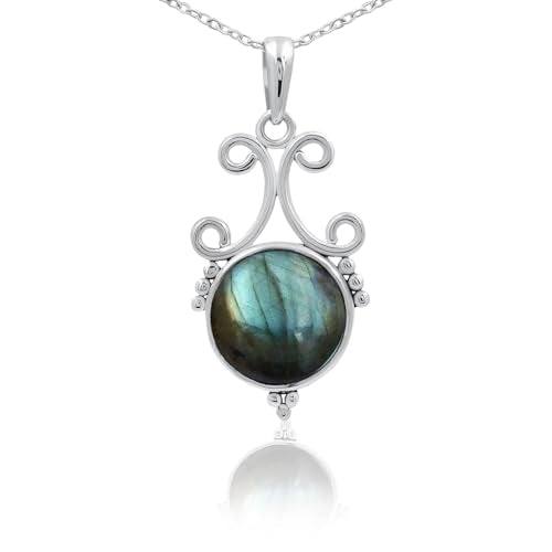 Natural Round Gemstone Pendant Necklace for Women, 925 Sterling Silver | Solitaire Birthstone Jewelry With 18 Inch Chain, Handmade Semi Precious Stone Pendant, Jewelry Gift for Mom, Wife & Sister - color: Labradorite