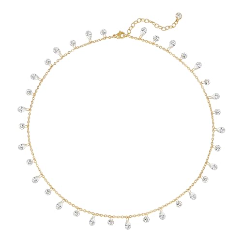 MTMY Gold Choker Necklace for Women, 14K Gold Plated Dainty Cubic Zirconia Cross Heart Shell Teardrop Charm Station Necklaces Trendy Summer Jewelry Gift - style: Drop