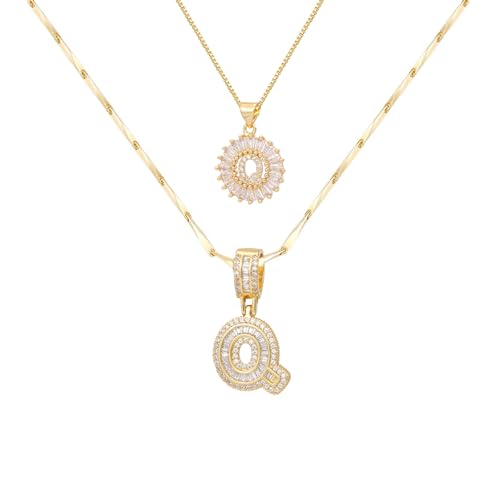 2PCS Initial Necklaces for Women, 14K Gold Plated Letter Pendant Set | Trendy Layered Bling Style, Meaningful Letter & Round CZ Pendant Design - color: Gold, style: Letter Q