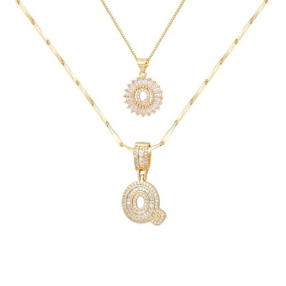 2PCS Initial Necklaces for Women, 14K Gold Plated Letter Pendant Set | Trendy Layered Bling Style, Meaningful Letter & Round CZ Pendant Design - color: Gold, style: Letter Q