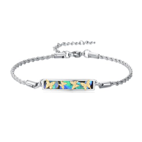 Waves/Tree of Life/Mushrooms/Moon Phase/Butterfly/Hummingbird Bracelet/Anklet 925 Sterling Silver Adjustable Abalone Shell Bar Bracelet/Anklet Summer Jewelry Gifts for Women - color: Butterfly, size: Anklet 9"+2"
