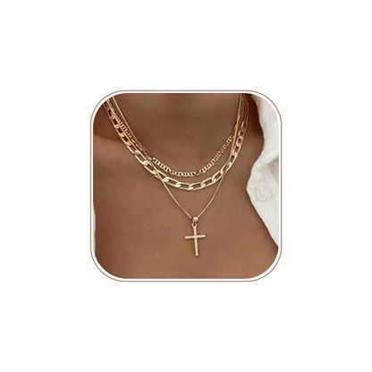 Cross Necklace for Women,Stackable Stacked Stacking Layering Layered Necklaces Dainty Gold Necklace Paperclip Box Flat Mariner Chain Necklace Cross Pendant CZ Diamond Simple Jewelry Gift - color: GD