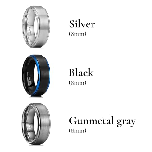 King Will Classic Tungsten Wedding Band for Men, 6/7/8/9/10mm Widths, Polished Finish Step Edge Matte Rings Comfort Fit - color: Black/Silver/Gunmetal