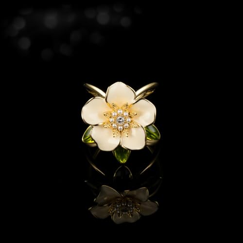 Elegant Gardenia Flower Scarf Ring for Women CZ Crystal Floral Silk Scarf Clip Scarves Buckle Shawl Brooch Statement Finger Ring Decoration Accessories for Mother