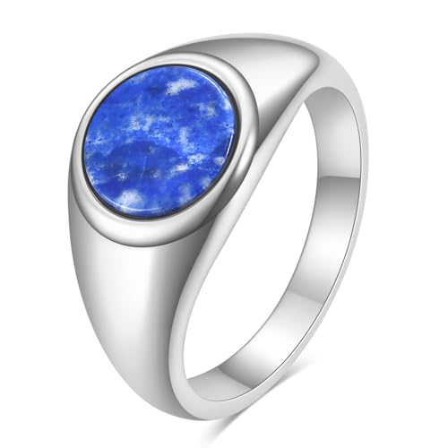 MYNENEY Stainless Steel Round Shape Classical Simple Plain Wedding Engagement Statement Pinky Band Signet Rings for Men Women Size 4-15 - color: Lapis lazuli-Silver