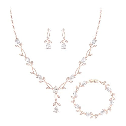 Crysdue Wedding Jewelry Set for Brides Bridesmaid, Cubic Zirconia Teardrop Marquise Leaf Cluster Pendant Necklace Bridal Tennis Bracelet Drop Earrings for Women Party Prom - style: A- CZ set- rose gold