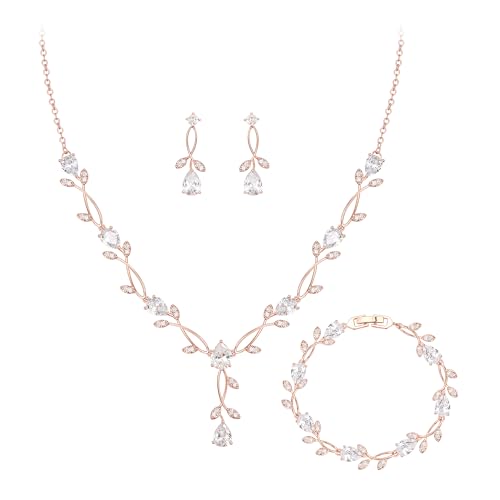 Crysdue Wedding Jewelry Set for Brides Bridesmaid, Cubic Zirconia Teardrop Marquise Leaf Cluster Pendant Necklace Bridal Tennis Bracelet Drop Earrings for Women Party Prom - style: A- CZ set- rose gold