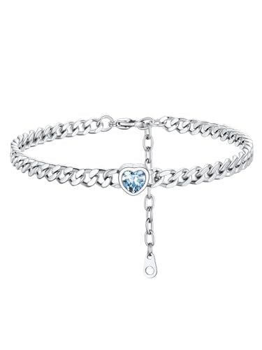 ChainsHouse Cuban Chain Anklets for Women with Heart Birthstone Jan - Dec | Stainless Steel Black Link Chain Ankle Bracelet with Birthstone, Beach Women Anklet 22cm-27cm Adjustable, with Gift Box - color: 03. Mar-Aquamarine-Steel