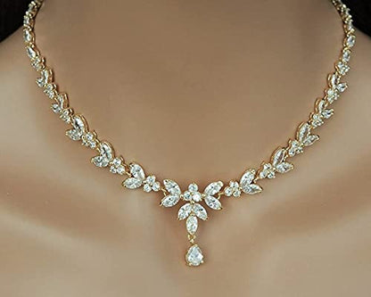 Jewelry Set for Women, Cubic Zirconia Necklace Dangle Earrings & Bracelet Jewelry Set for Bride Bridesmaid Wedding Engagement Prom Party - style: Gold-Necklace+Bracelet+Earrings