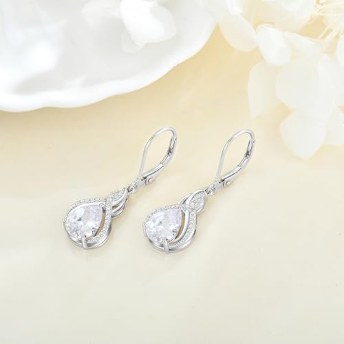 925 Sterling Silver Infinity Teardrop Earrings for Women | Lwsary Dangle Drop Leverback Earrings, Pear Shaped Birthstone Jewelry for Her - color: Clear White
