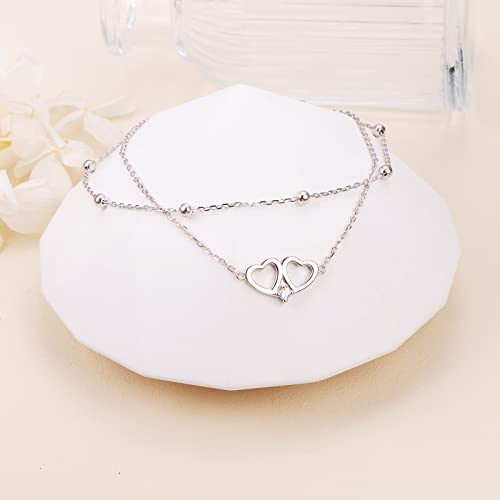 Anklet for Women 925 Sterling Silver Foot Adjustable Ankle Bracelet Jewelry - style: Layered Heart