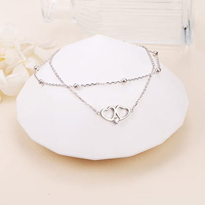 Anklet for Women 925 Sterling Silver Foot Adjustable Ankle Bracelet Jewelry - style: Layered Heart