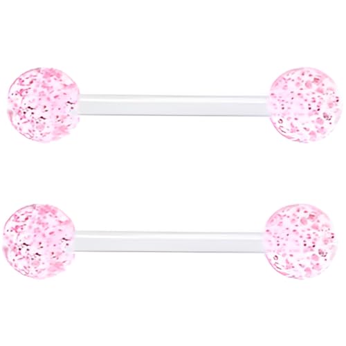 Sequin Barbell Piercing Set for Women Men 14 G Acrylic Hypoallergenic Tongue Ring Jewellery Cute Nipple Rings Piercings Bars Kit Clear Rod Long Body Jewelry 2 pcs Length 12 MM - color: Pink, size: 16 mm