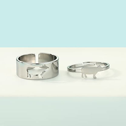 2PCS Matching Cute Animals Promise Engagement Rings for Couples Men Women Jewelry Band Sets 316L Stainless Steel Adjustable Open Ring - color: Cow-s
