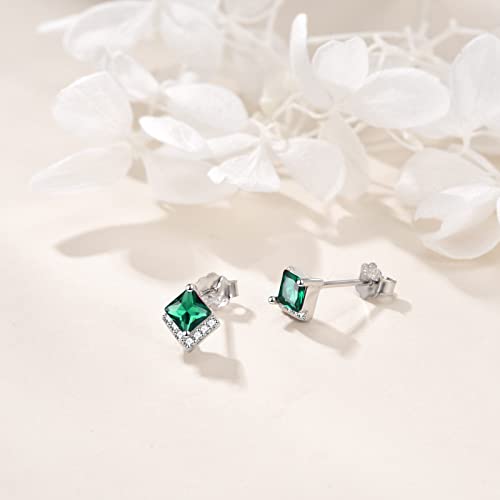 Birthstone Stud Earrings Sterling Silver Square Created Crystal Earrings Cubic Zirconia Hypoallergenic Piercing Jewelry Small Gifts for Women Mothers - color: May-Emerald