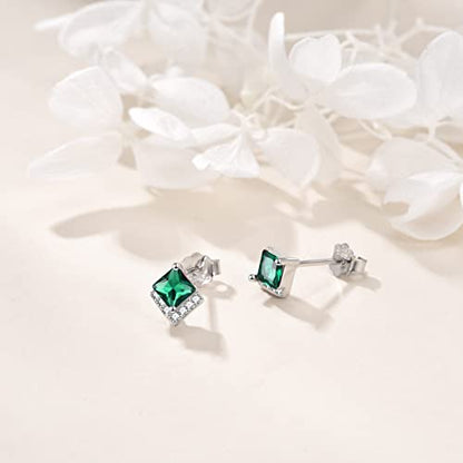 Birthstone Stud Earrings Sterling Silver Square Created Crystal Earrings Cubic Zirconia Hypoallergenic Piercing Jewelry Small Gifts for Women Mothers - color: May-Emerald