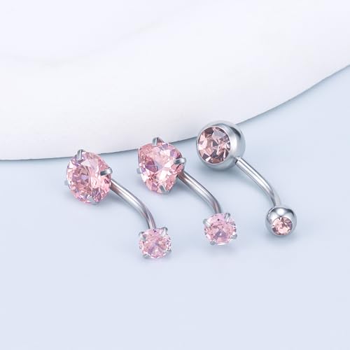 Vsnnsns 14G Dangle Belly Button Ring Piercing Jewelry 316L Stainless Surgical Steel Round Heart Cubic Zirconia Navel Rings Dangling Belly Button Ring Piercing Jewelry for Women 14 Gauge Hypoallergenic - color: Silver-10MM Bar-Pink CZ