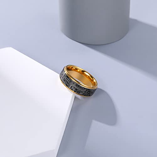 Tungsten Ring 8mm Computer Circuit Pattern Ring Black/Gold/Silver Tungsten Carbide Wedding Band for Men Comfort Fit - color: Black Gold