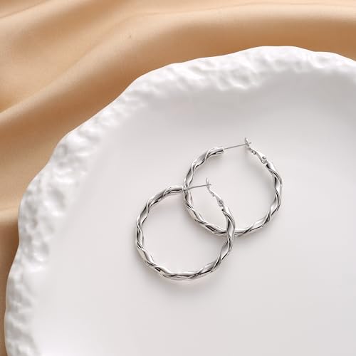 14k Gold Plated Hoop Earrings for Women, 925 Sterling Silver Posts Thick Twist Hypoallergenic Chunky Large Earrings 20mm 30mm 40mm 50mm - color: silver, size: 40mm