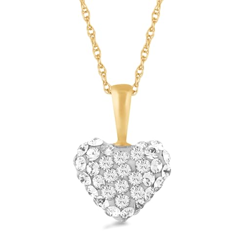 Jewelili Puffed Heart Necklace Pendant 10K Yellow Gold with White Round Cubic Zirconia 18 inch 14K Gold Chain