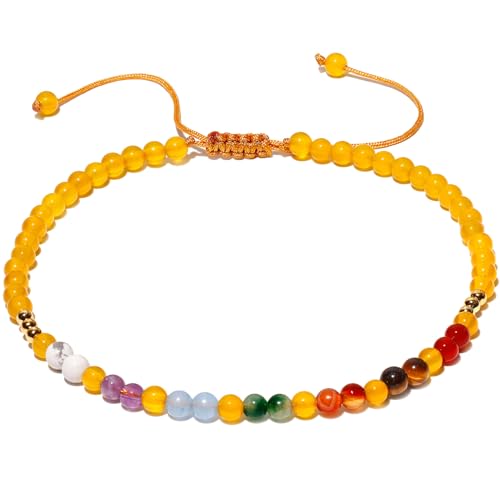 Colorful 7 Chakra Gemstones Beaded Anklet for Women Foot Jewelry | Adjustable 8.5-10 in, Ankle Bracelets for Women, Handmade, Positive Energy, Balance, Yoga, Meditation, Beach, Party, Vacation - style: Yellow Agate