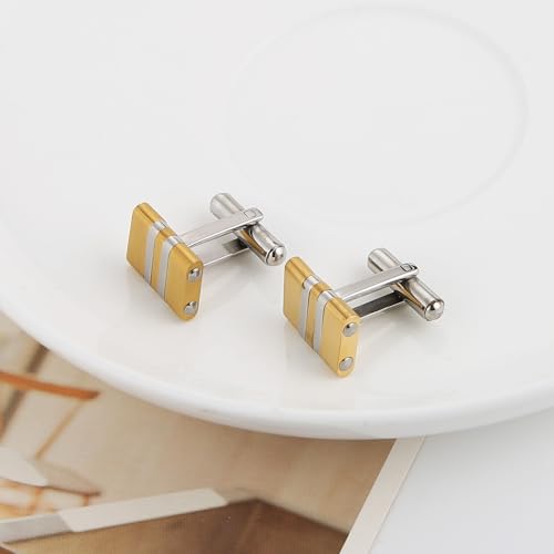 HZMAN Two-Tone Stripe Cufflinks for Men, Stainless Steel High Polished Dress Shirt Cuff Links, Formal Accessories for Wedding Business Party