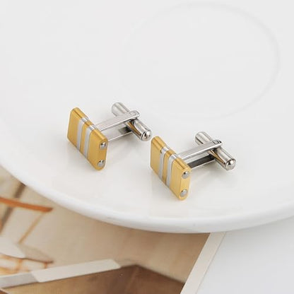 HZMAN Two-Tone Stripe Cufflinks for Men, Stainless Steel High Polished Dress Shirt Cuff Links, Formal Accessories for Wedding Business Party