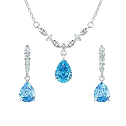 Platinum Plated Cubic Zirconia Teardrop Pendant Necklace Dangle Earrings Set, Silver Jewelry Set for Women,Wedding Jewelry Set for Bride,Bridesmaid Jewelry Gift, Gift for Valentine's Day, Birthday - color: Blue
