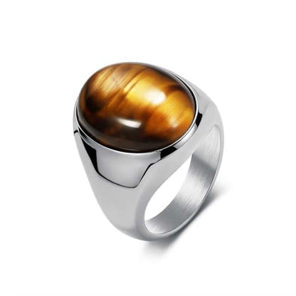 Stainless Steel Tiger Eye Obsidian Ring for Men Women, Oval Stone Signet Ring, Gold Silver Black Tone Stainless Steel Statement Jewelry Gift for Daily Wear - color: Silver Tiger Eye Stone